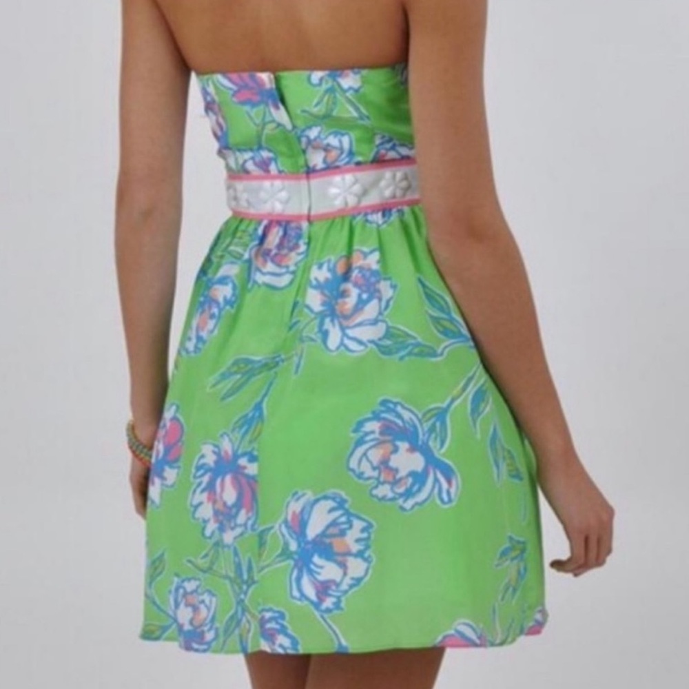 LILLY PULITZER WOMEN’S LANGLEY DRESS  LIME GREEN FLORAL SILK STRAPLESS SZ 8 - Picture 2 of 7